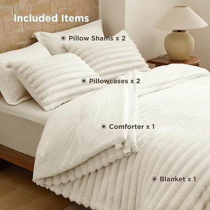 Bedsure Gentlesoft 2-in-1 Queen Comforter Set and Detachable Fluffy Blanket, Cream White Bedding Set for All Season Use, SnapTech Design for Space Saving (Includes 2 Pillow Shams, 2 Pillowcases)
