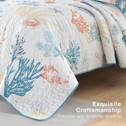 HORIMOTE HOME Coastal Quilt Bedding Set King Size, Reversible Summer Beach Quilt Lightweight Ocean Nautical Comforter Tropical Bedspread Coverlet with 2 Pillow Shams for All Seasons (106"x96")