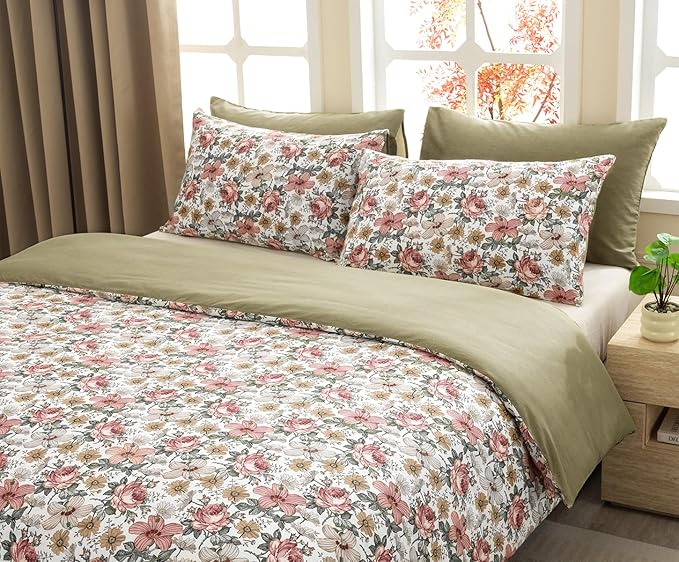 SLEEPBELLA Duvet Cover Set, 600 Thread Count Cotton Pink & Yellow & Beige Floral Pattern Printed on White，Mustard Green Reversible Comforter Cover (Twin, Green Floral)