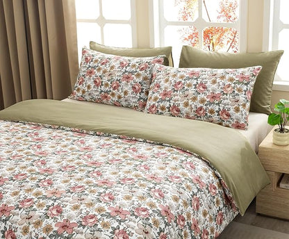 SLEEPBELLA Duvet Cover King, 600 Thread Count Cotton Pink & Yellow & Beige Floral Pattern Printed on White，Mustard Green Reversible Comforter Cover(King, Green Floral)