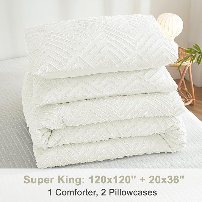 Litanika Super King Comforter Ivory, 3 Pieces Tufted Boho Farmhouse Bedding Comforter Set, Lightweight Fluffy All Season Comforter Set (120x120In Comforter & 2 Pillowcases)