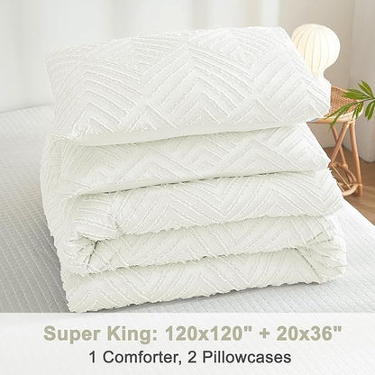 Litanika Super King Comforter Ivory, 3 Pieces Tufted Boho Farmhouse Bedding Comforter Set, Lightweight Fluffy All Season Comforter Set (120x120In Comforter & 2 Pillowcases)
