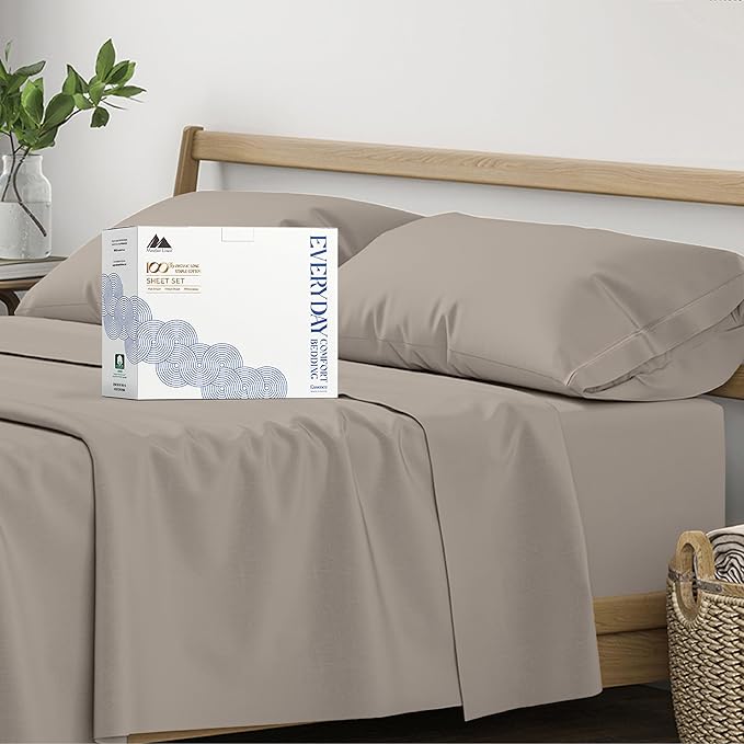 Mayfair Linen 100% Organic Cotton Sheets Queen Size - 4 PC Organic Cotton Queen Size Percale Weave Sheet Set, Soft, Cooling, Crisp & Breathable, 16" Deep Pocket Hotel Quality Bedding Set - Taupe