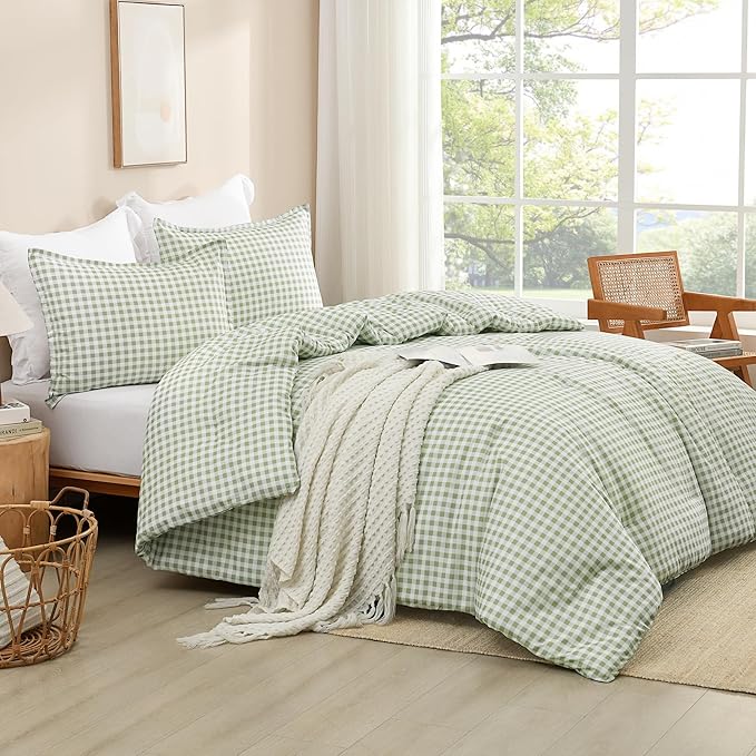 Andency Sage Gingham Comforter Set Queen(90x90Inch), Green Checkered Grid Plaid Buffalo Bed Set for Girls Boys Kids Teens, 3 Pieces Lightweight Polyester Geometric Preppy Bedding