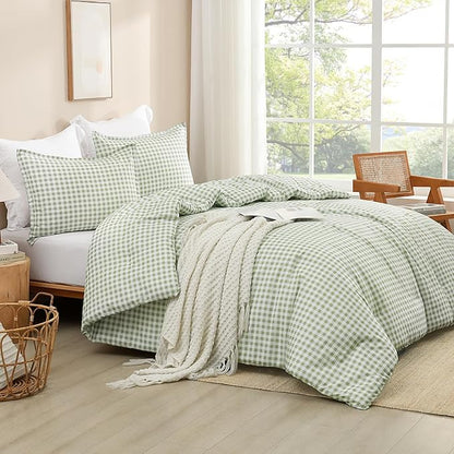 Andency Sage Gingham Comforter Set Full(79x90Inch), Green Checkered Grid Plaid Buffalo Bed Set for Girls Boys Kids Teens, 3 Pieces Lightweight Polyester Geometric Preppy Bedding