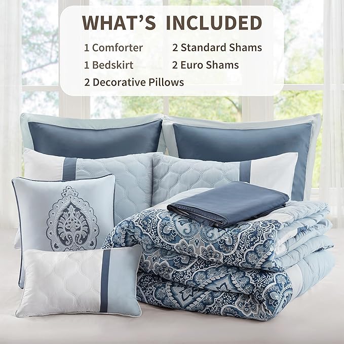 510 DESIGN Luxe Quilted Comforter Set Modern Transitional Design, All Season Down Alternative Warm Bedding Matching Shams, Bedskirt, Decorative Pillow, King, Shawnee Scrollwork Blue