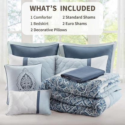 510 DESIGN Luxe Quilted Comforter Set Modern Transitional Design, All Season Down Alternative Warm Bedding Matching Shams, Bedskirt, Decorative Pillow, King, Shawnee Scrollwork Blue
