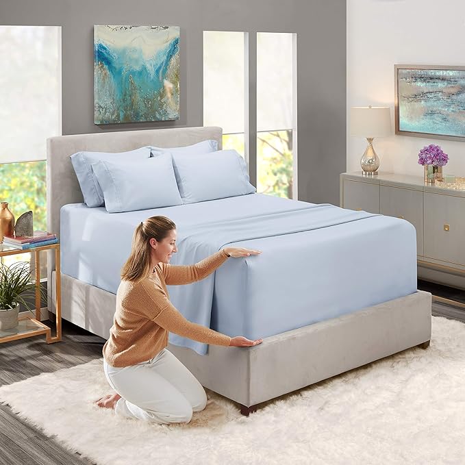 Hearth & Harbor Bed Linen Set - Queen Size - 6 Piece - Ice Blue - Extra Deep Pocket Sheets - Microfiber