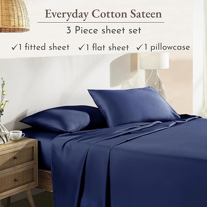 California Design Den Twin Bed Sheets Set - Natural 100% Cotton Sheets with 12" Pockets, Soft Sateen Weave, Breathable and Durable Bedding Set for Dorm Rooms, College (Navy Blue)