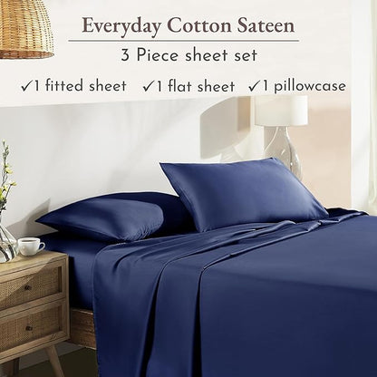 California Design Den Twin Bed Sheets Set - Natural 100% Cotton Sheets with 12" Pockets, Soft Sateen Weave, Breathable and Durable Bedding Set for Dorm Rooms, College (Navy Blue)