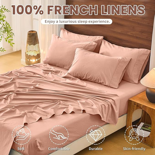 Bedlifes 100% French Pure Linen Sheets King Size Breathable and Cooling Flax Sheet Set Soft Durable and Moisture Wicking 16 Inch Deep Pocket-4 Piece(King,Blush Pink)