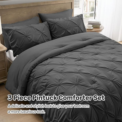 UNIKOME Queen Comforter Set Dark Gray - Ultra Soft Boho Pintuck Down Alternative Bedding Set for All Seasons, 3 Pieces Lightweight Warm Pinch Pleat Bed Set with Comforter, 2 Pillowcases