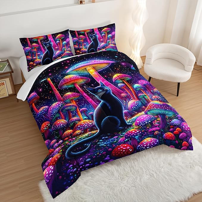 Cute Black Cat Bedding Set King Size,Kids Cartoon Cat Mushroom Flash Comforter Set for Kids Girls Boys Room Decor,Boho Style Botanical Bedding Sets with 2 Pillowcases.