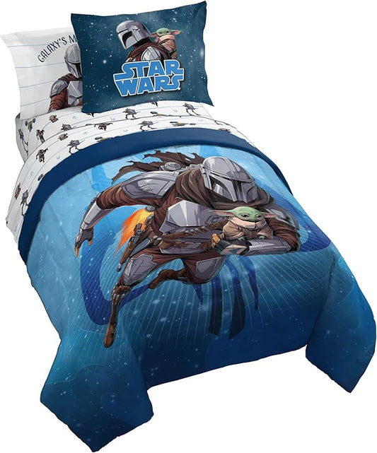 Jay Franco Kids Comforter Set Includes Sheets and Pillow Covers - Soft and Cozy Bed Set for Stylish Room Decor, Official Licensed Bedding, Blue - The Mandalorian, 5 Piece Twin