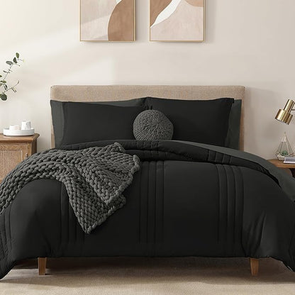 Monbix Queen Comforter Set - 7 Pieces Black Bed in a Bag Queen Bedding Sets with Comforters, All Seasons Comforter Bed Set with Sheets,Pillowcases & Shams