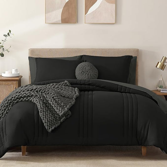 Monbix Oversized Queen Comforter Set - 7 Pieces Black Bed in a Bag Oversized Queen Bedding Sets with Comforters, All Seasons Comforter Bed Set with Sheets,Pillowcases & Shams