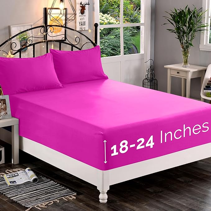 Elegant Comfort 1500 Premium Quality Fitted Sheet Ultra Soft 18-24 Inch Extra Deep Pocket - Single Fitted Sheet for High Mattress - Wrinkle Free with Smart Storage Pockets, Twin/Twin XL, Hot Pink