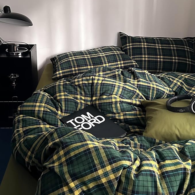 MKXI Twin XL Size Forest Green & Mustard Yellow Plaid Duvet Cover Set, 3 Piece All Season Washed Cotton Bedding, Vintage Preppy Style Rustic Outdoor Bed Set with Zipper Closure & Corner Ties