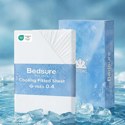 Bedsure Cooling Fitted Sheet Queen Size for Hot Sleeper, Queen Fitted Sheet Only with 360° Elastic Band, Q-Max 0.4, Temperature Regulation Bedding for Night Sweats, 16" Deep (up to 18"), White