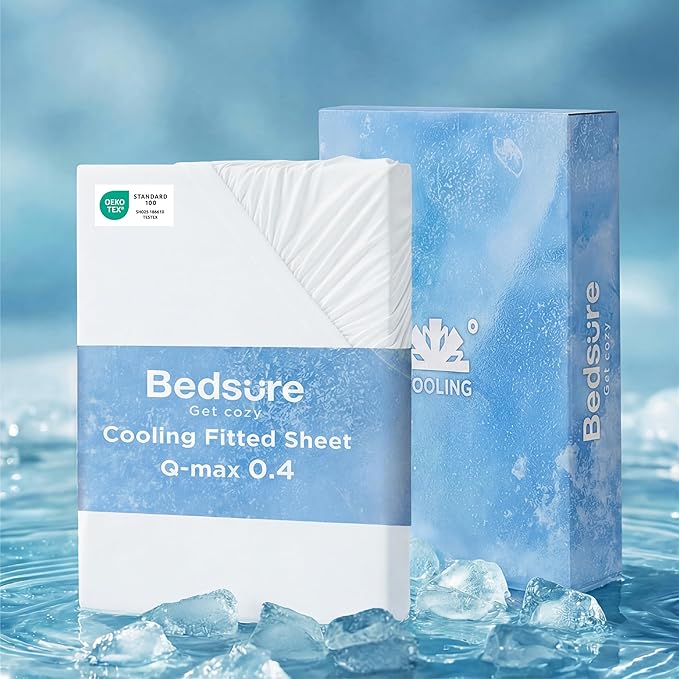 Bedsure Cooling Fitted Sheet King Size for Hot Sleeper, King Fitted Sheet Only with 360° Elastic Band, Q-Max 0.4, Temperature Regulation Bedding for Night Sweats, 16" Deep (up to 18"), White