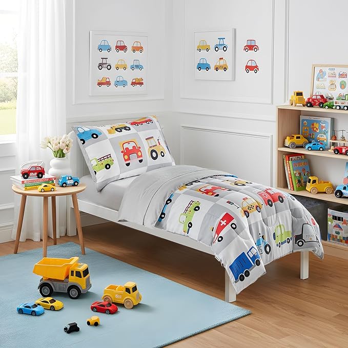 White Gray Toddler Bedding Set for Boys Girls Colorful Cars Vehicle Auto Fire Engine Bulldozer 4PC Toddler Bed Set - Soft Cute Toddler Plaid Patchwork Bed in a Bag with Sheet Set and Pillow Shams
