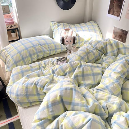EAVD Buffalo Plaid Duvet Cover King Soft Washed Cotton Bedding Set Yellow Blue Grid Checkered Bedding Set with 2 Pillowcases Vintage Style Gingham Duvet Cover with Zipper Closure