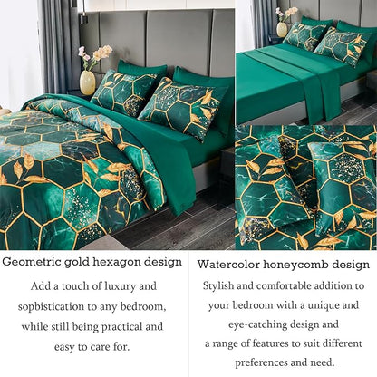 ANGIYUIN 3D Marble Printed Emerald Green Comforter Set Full, 7Pcs Geometric Hexagon Theme Comforter Gold Trim Bed in A Bag Full, Modern Watercolor Foil Print Bedding Set with Sheets (Green Full)