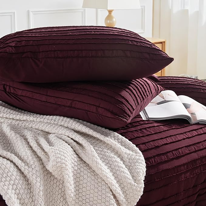 NEXHOME PRO Duvet Cover,3 Pieces Boho Tufted Duvet Cover Set, Soft and Lightweight 100% Washed Microfiber Comforter Cover Set(Burgundy,104 x 98)-No Comforter
