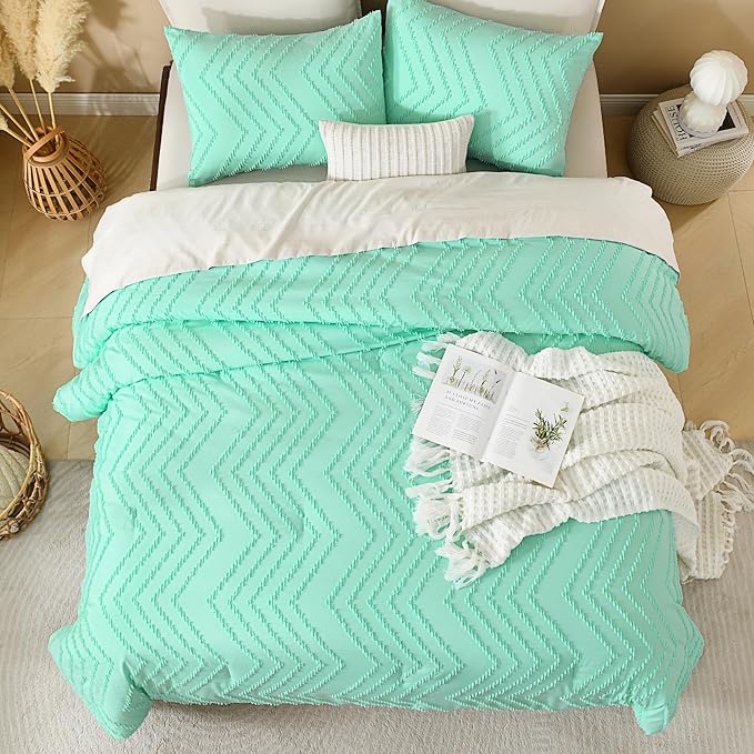 Andency Mint Green Comforter Set King Size, Boho Soft Warm Tufted Bedding Comforter Sets for King Size Bed, 3 Pieces Aesthetic Chevron Farmhouse Cute Bohemian Textured Bedding Set