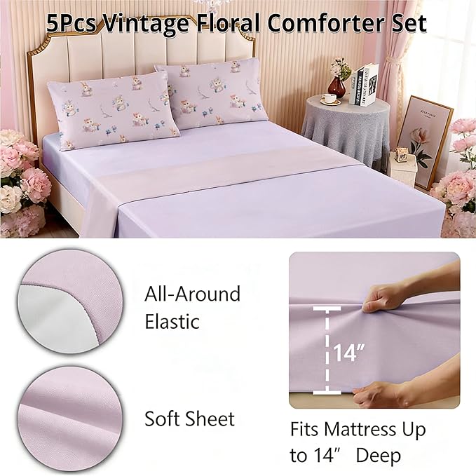 Taro Purple Bed in A Bag Full for Girls, 5Pcs Botanical Floral Bed in A Bag with Sheets, Cute Priness Girly Comforter Set with 2 Pillowcases + 1 Flat Sheet + 1 Fitted Sheet.