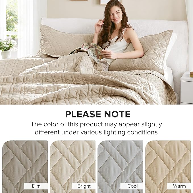 Comfort Spaces King Quilt Set Modern Reversible Diamond Coverlet King Bedding Set Cozy Quilted Winter Layer, All Season Lightweight Soft King Size Quilt, Kienna, Cal King Beige Diamond 3 Piece