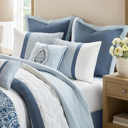 510 DESIGN Luxe Quilted Comforter Set Modern Transitional Design, All Season Down Alternative Warm Bedding Matching Shams, Bedskirt, Decorative Pillow, Cal King, Shawnee Scrollwork Blue