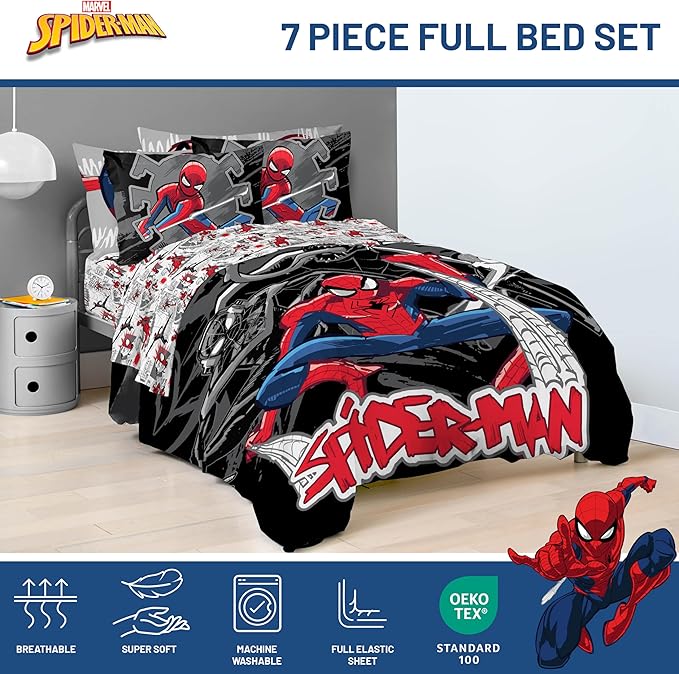 Jay Franco Kids Comforter Set Includes Sheets and Pillow Covers - Soft and Cozy Bed Set for Stylish Room Decor, Black - Spiderman, 7 Piece Full Bedding
