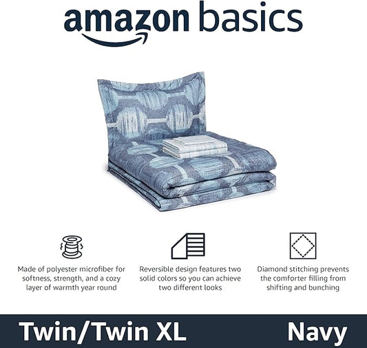 Amazon Basics 5-Piece Lightweight Microfiber Comforter Set, Bed-in-a-Bag, Navy Geometrics, Twin/Twin XL