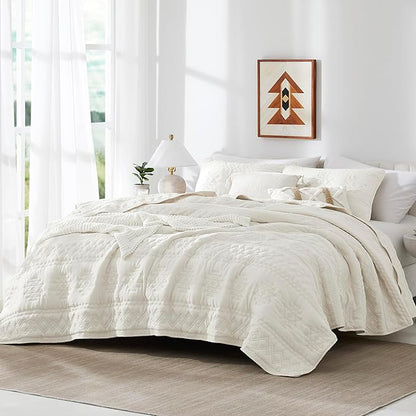 WDCOZY Boho Ivory Quilt King Size Bedding Sets with 2 Pillow Shams, Cream White Farmhouse Lightweight Soft Bedspread Coverlet for All Season, 3 Pieces, 104x90 inches