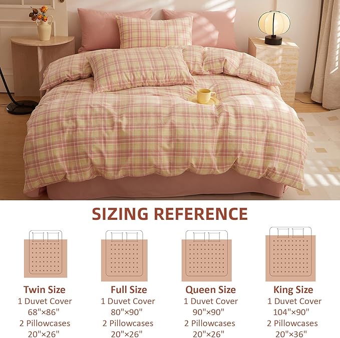 EAVD Yellow and Pink Plaid Duvet Cover Full Soft Washed Cotton Gingham Duvet Cover Set 3 Pieces Modern Grid Checkered Bedding Set with 2 Pillowcases Zipper Closure for All-Season