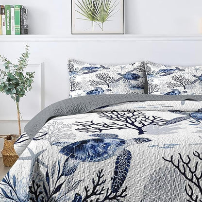 Quilt Set Full/Queen Size, Ocean Sea Coral 3 Pcs Soft Bed Cover Bedding Set for Kids and Adults, Blue Animal Turtle Lightweight Bedspread Coverlet with Pillow Sham for All Season