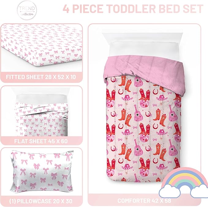 Jay Franco Kids Comforter Set Includes Sheets and Pillow Covers - Soft and Cozy Bed Set for Stylish Room Decor, Pink - Cowgirl Boots & Bows 4 Piece Toddler Size Bedding