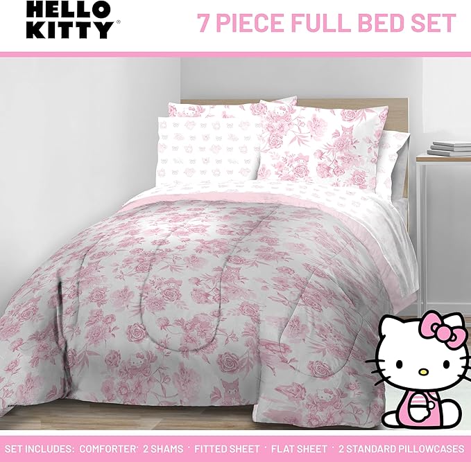 Jay Franco Comforter Set Includes Sheets and Pillow Covers - Soft and Cozy Bed Set for Stylish Room Decor, Official Licensed Bedding, Multi - Hello Kitty, 7 Piece Full