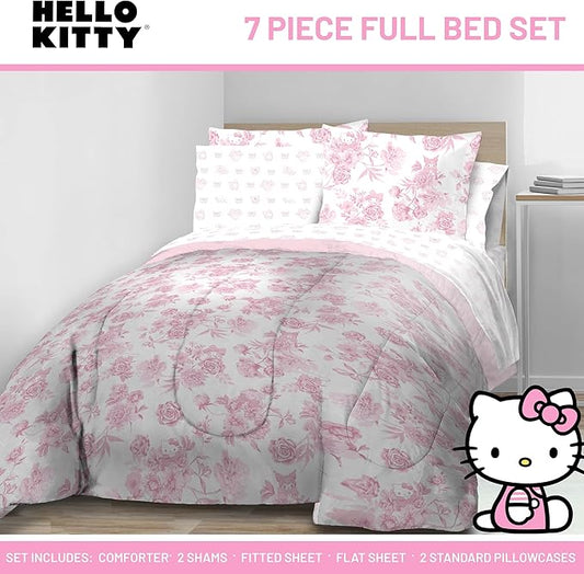 Jay Franco Comforter Set Includes Sheets and Pillow Covers - Soft and Cozy Bed Set for Stylish Room Decor, Official Licensed Bedding, Multi - Hello Kitty, 7 Piece Full