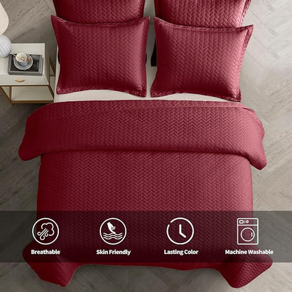 Maple&Stone Quilt Set Oversized King Size, 128"x120" Lightweight Burgundy Bedspread Ultrasonic Chevron Pattern Light Coverlet for All Season Comforter Bedding Decor - 3 Piece Bed Cover Sets