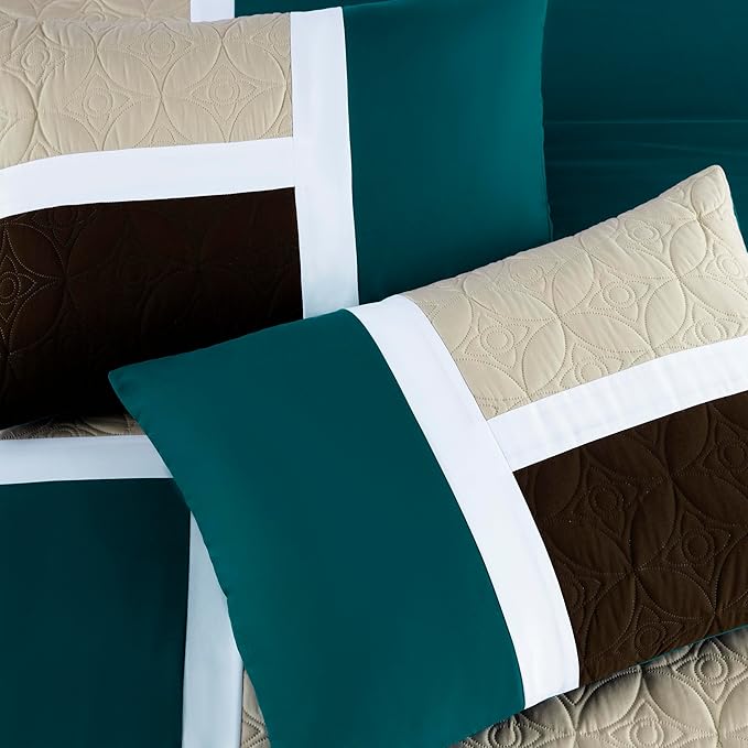 Chezmoi Collection Upland 7-Piece Quilted Patchwork Comforter Set, Teal/Beige/Brown, Oversized King