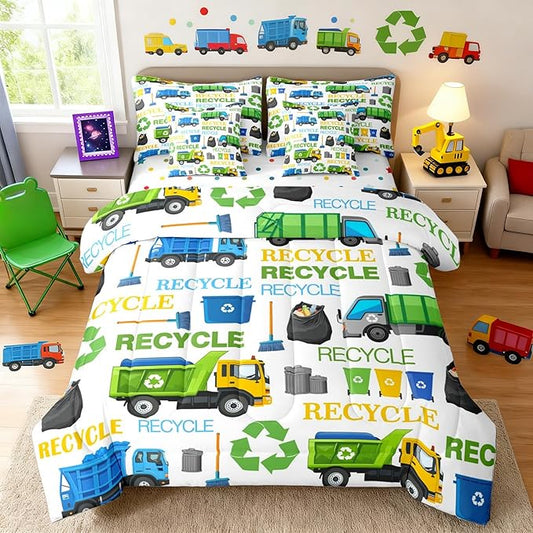 Castle Fairy Garbage Truck Twin Size Comforter Set with Sheets Recycling Trucks Decor Bedding Sets Cartoon Car Vehicle Trash Can Bedroom Dorm Decor Lightweight Bed Set All Season,7 Pcs