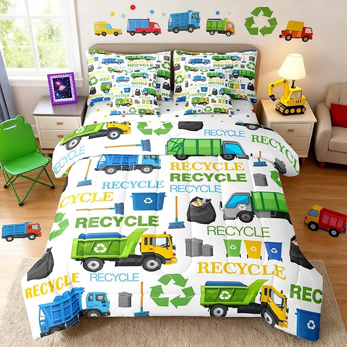 7 Pcs Garbage Truck Queen Size Bedding Sets Recycling Trucks Decor Comforter Set Cartoon Car Vehicle Trash Can Bed in a Bag with Comforter,Flat Sheet,Fitted Sheet,2 Pillowcases,2 Pillow Covers