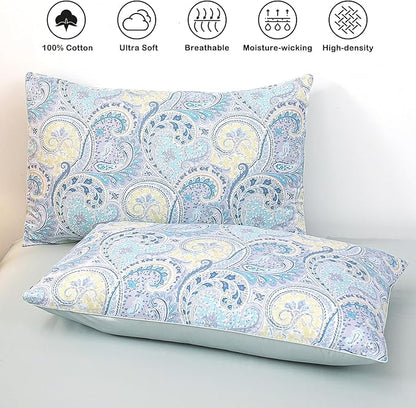 WINLIFE 100% Cotton Pillow Cases Standard Size, 20 by 26 inches Standard Pillowcases Set of 2, Soft and Breathable Envelope Closure 2-Piece Pillow Case, Blue Paisley