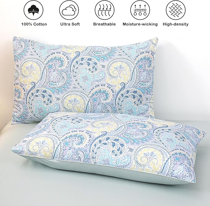 WINLIFE 100% Cotton Pillow Cases Queen Size, 20 by 30 inches Queen Pillowcases Set of 2, Soft and Breathable Envelope Closure 2-Piece Pillow Case, Blue Paisley