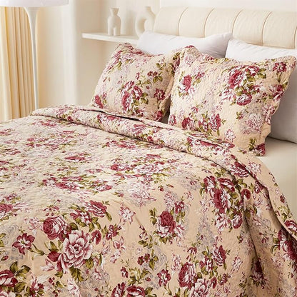 Cmfshape Summer Floral Queen Quilted Bedspread,Romantic Red Quilt Set,Reversible Stitched Bedding Cover All Season,Soft Lightweight Coverlet with Pillow Cases (Red Rose, Queen(90"x90"))