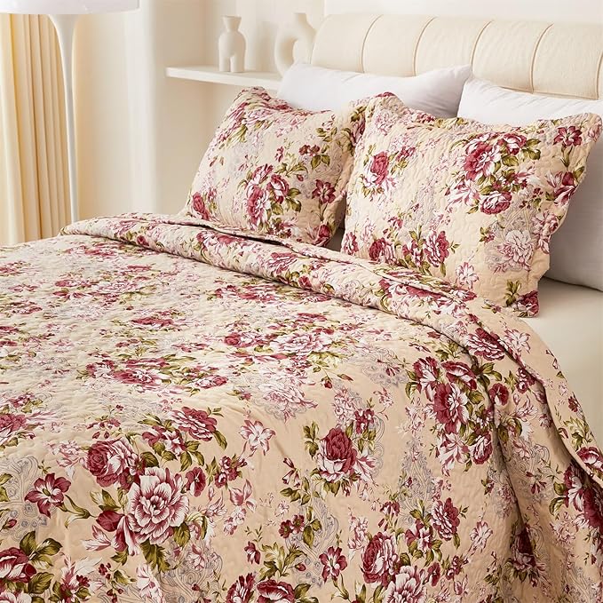Cmfshape Summer Floral King Quilted Bedspread,Romantic Red Quilt Set,Reversible Stitched Bedding Cover All Season,Soft Lightweight Coverlet with Pillow Cases (Red Rose, King(102"x90"))