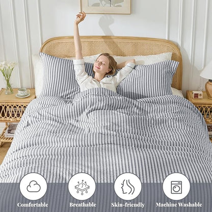 MILDLY Charcoal Striped Duvet Cover - 100% Washed Cotton Jacquard Textured Comforter Cover with Dual Zipper Closure & 8 Coner Ties