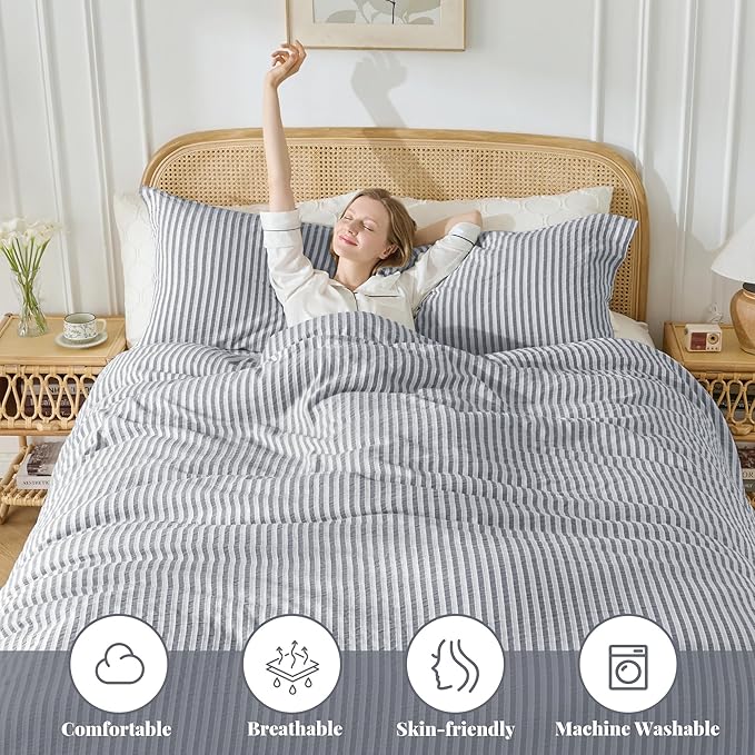 MILDLY Charcoal Striped Duvet Cover - 100% Washed Cotton Jacquard Textured Comforter Cover with Dual Zipper Closure & 8 Coner Ties